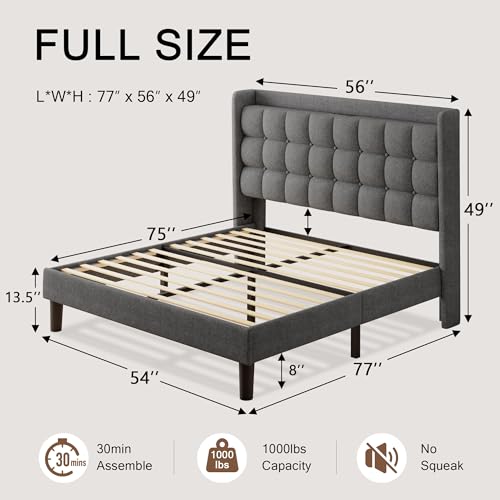 Queen Bed Frame, Upholstered Platform Bed with Charging Station, Modern Wingback Storage Headboard, Solid Wood Slats Support, No Box Spring Needed, Dark Gray - Image 2
