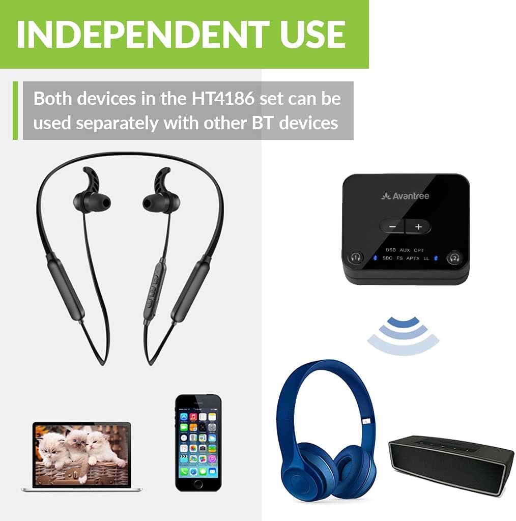 Avantree HT4186 Wireless Headphones Earbuds for TV Watching, Neckband Earphones Set w/Bluetooth Transmitter for Optical Digital Audio, RCA, 3.5mm Aux Ported TVs, Plug & Play, No Audio Delay - Image 5