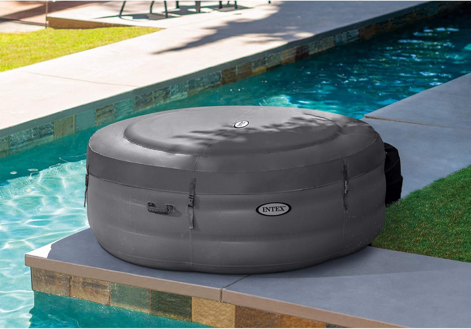 Intex 28481E Simple Spa 77in x 26in 4-Person Outdoor Portable Inflatable Round Heated Hot Tub Spa with 100 Bubble Jets, Filter Pump, and Cover, Gray - Image 3