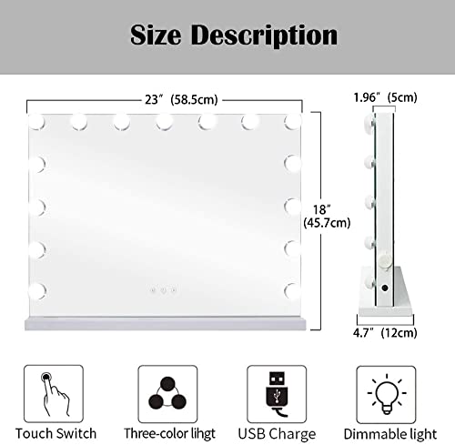 Zdorzi 31.5x 23.6 Vanity Mirror Makeup Mirror with Lights,Large Hollywood Lighted Vanity Mirror with 18 Dimmable LED Bulbs,3 Color Modes,Touch Control for Dressing Room & Bedroom,Wall-Mounted,White - Image 5