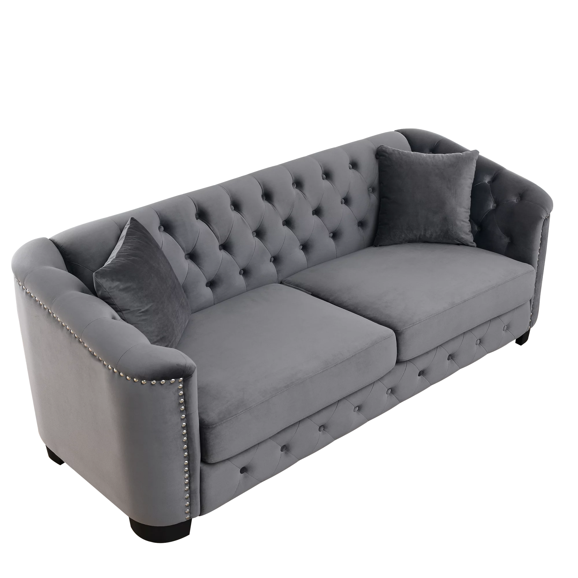 77-Inch Modern Chesterfield Velvet Sofa, 3-Seater Sofa, Upholstered Tufted Backrests with Nailhead Arms and 2 Cushions for Living Room, Bedroom, Apartment, Office (Grey) - Image 6